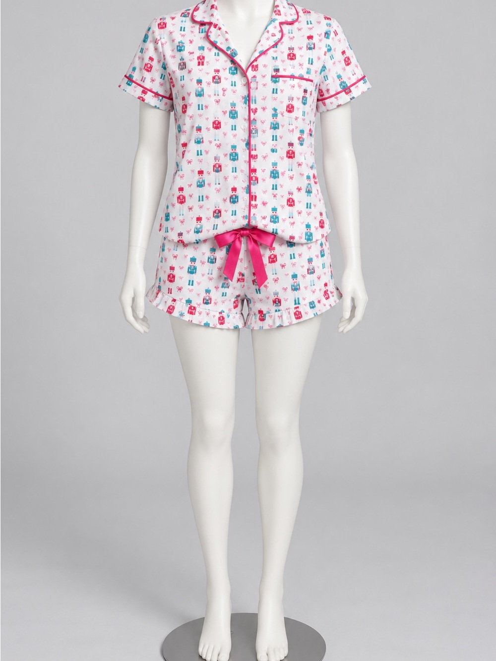 Short-Sleeve White Button-Down Pajamas with Pink & Teal Nutcracker design